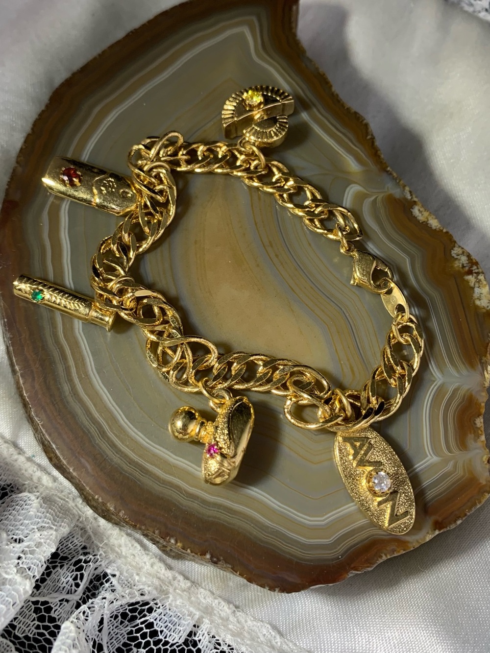 Vintage Avon Perfume Gold-Tone Charm Bracelet with Pink and Green Accent Stones